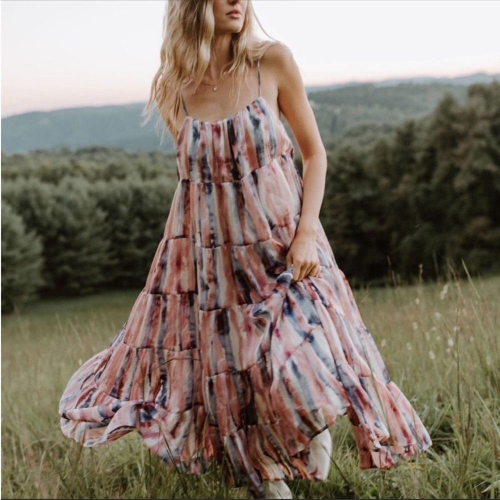 Storia Pink And Blue Gold Shimmer Watercolor Tiered Midi Dress Size M - Picture 3 of 13